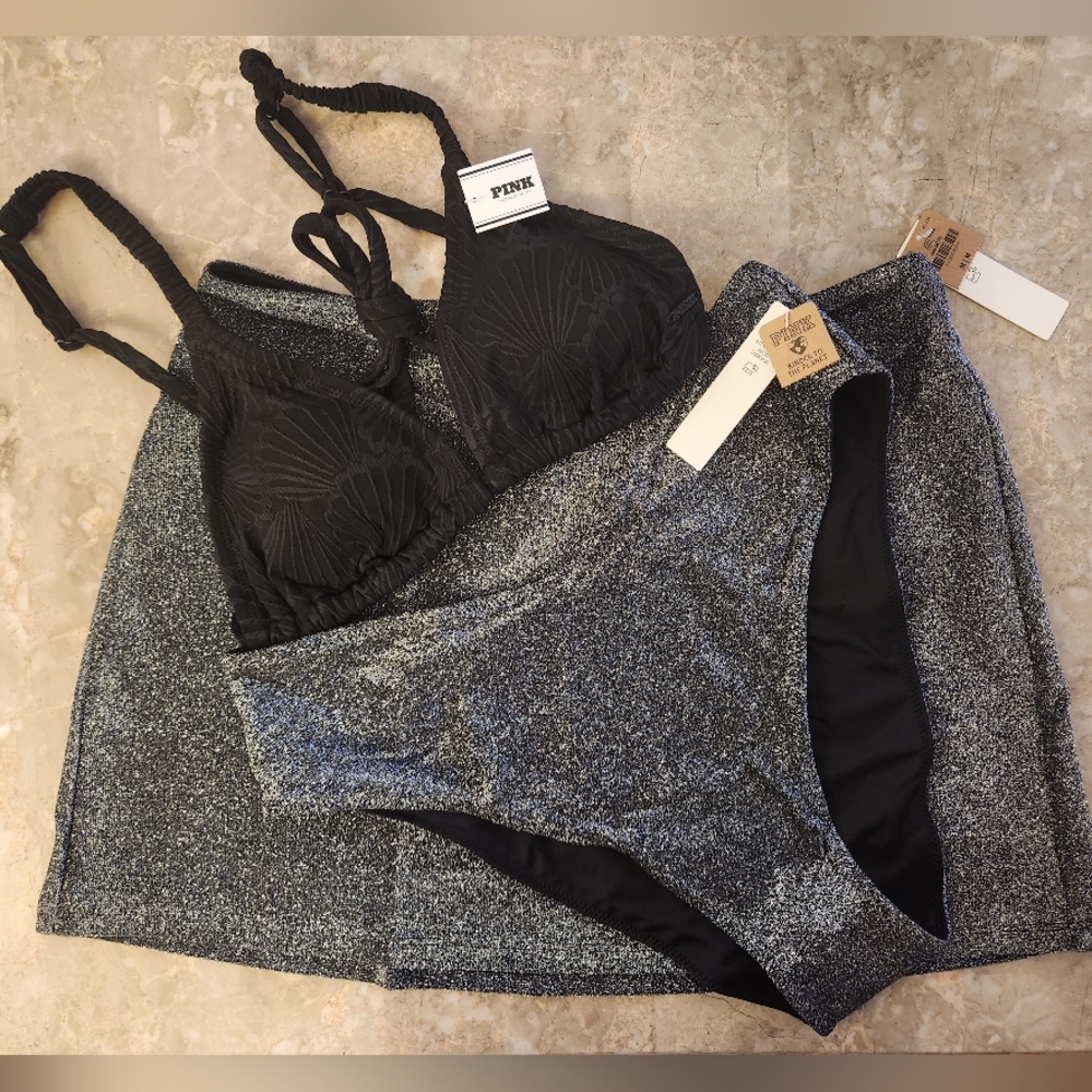M PINK Swim Scrunchie Triangle BikiniTop Shimmer HighWaist Skirt Bikini Set